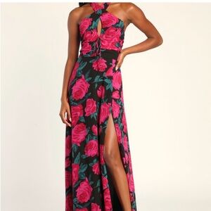 Lulu's Black and Pink Floral Maxi Dress